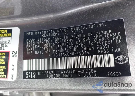 2022 Toyota Camry Se z USA, uszkodzony, nr VIN 4T1G11AK6NU649315